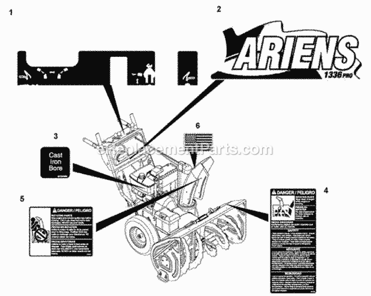 Decals Diagram and Parts List for 926102 002381 Ariens Snow Blower