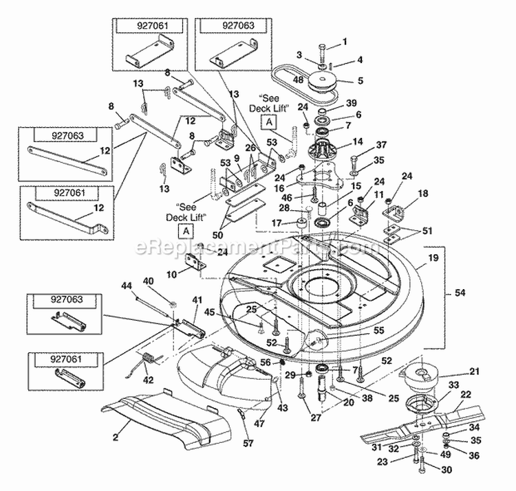 Deck 28" And 32", Idlers And Blades Diagram and Parts List for 927061 010000 Ariens Lawn Tractor