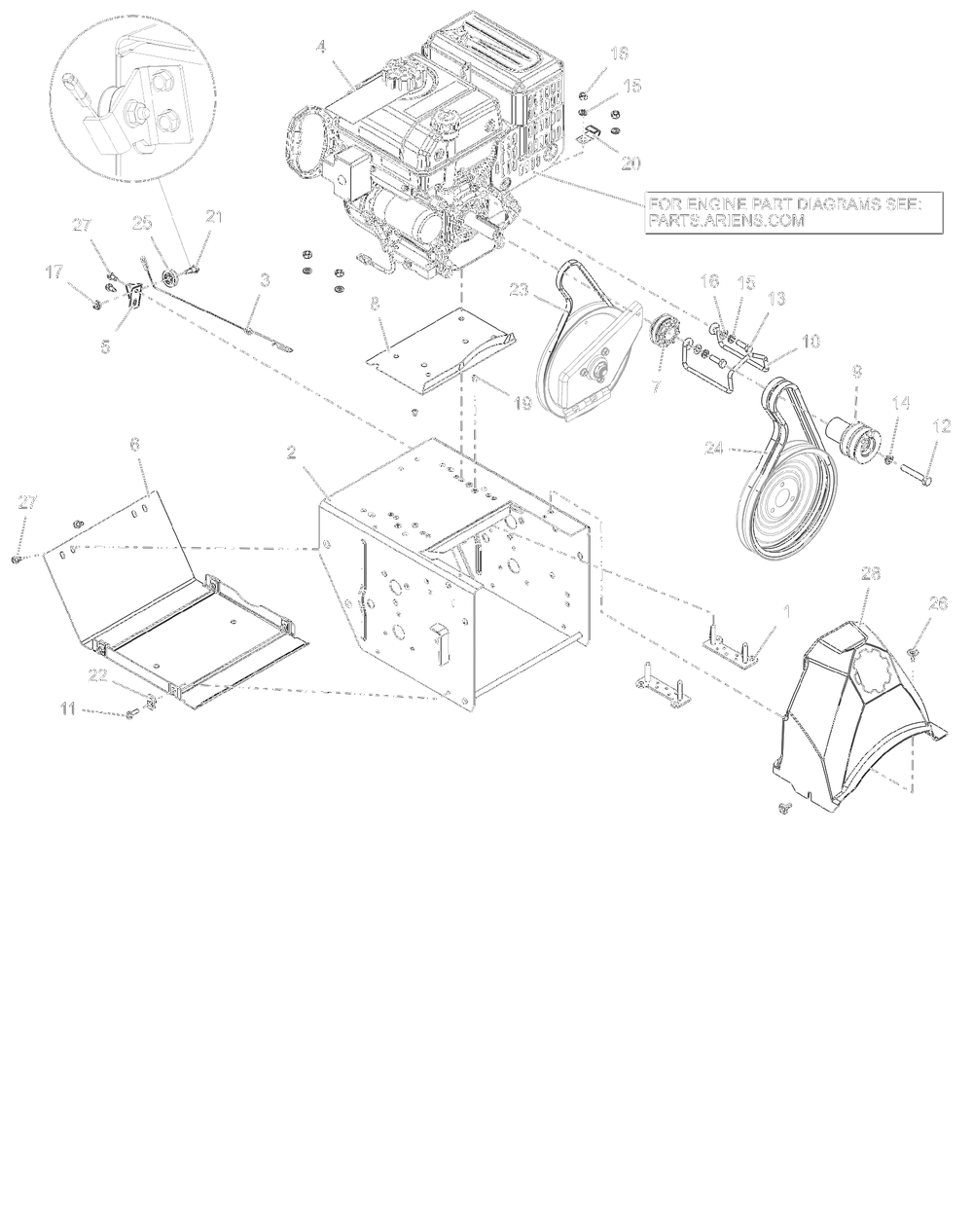 Engine, Frame And Belt Drive - Ax252 Diagram and Parts List for 921070  Ariens Snow Blower