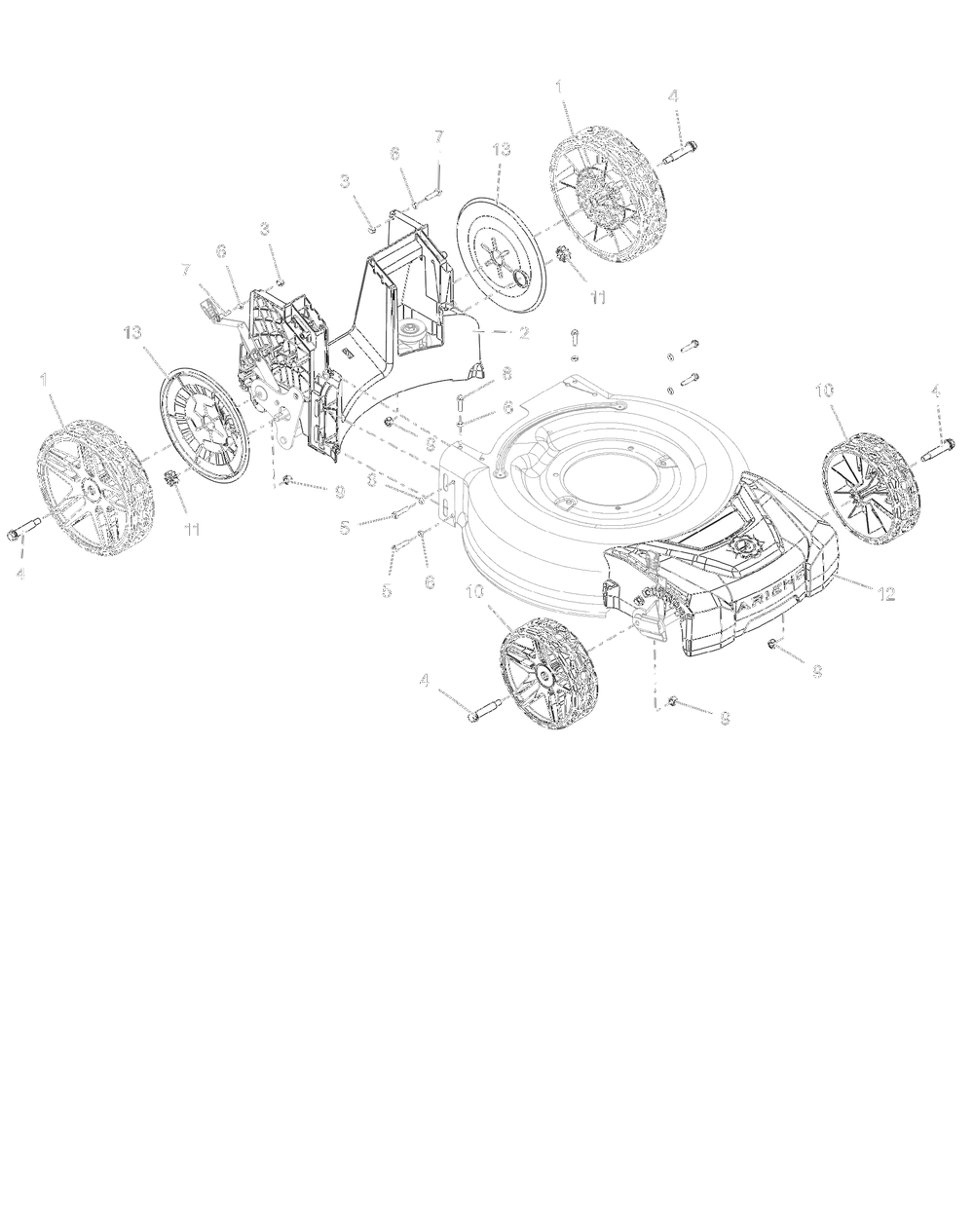 Wheels, Front Cover And Baffle Diagram and Parts List for 911609 025000 + Ariens Lawn Mower