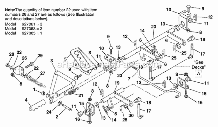 Deck Lift Diagram and Parts List for 927061 000400 Ariens Lawn Tractor