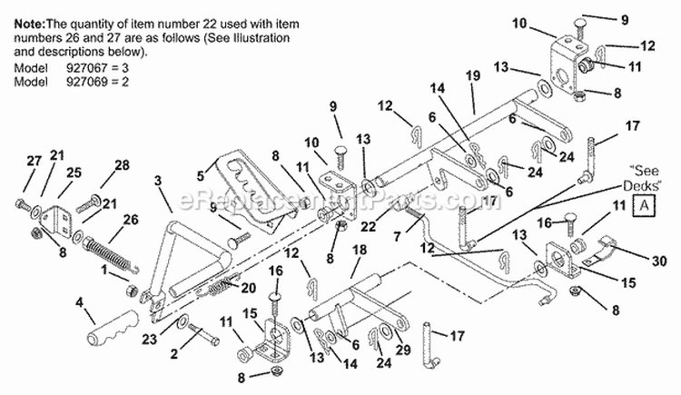 Deck Lift Diagram and Parts List for 927067 000101 Ariens Lawn Tractor
