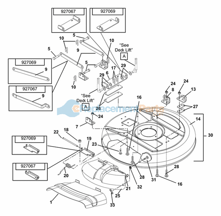 Deck, Idlers And Blades 28" And 32" Diagram and Parts List for 927069 000101 Ariens Lawn Tractor