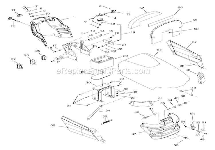 Hood, Dash & Battery Diagram and Parts List for 936014 000101 Ariens Lawn Tractor