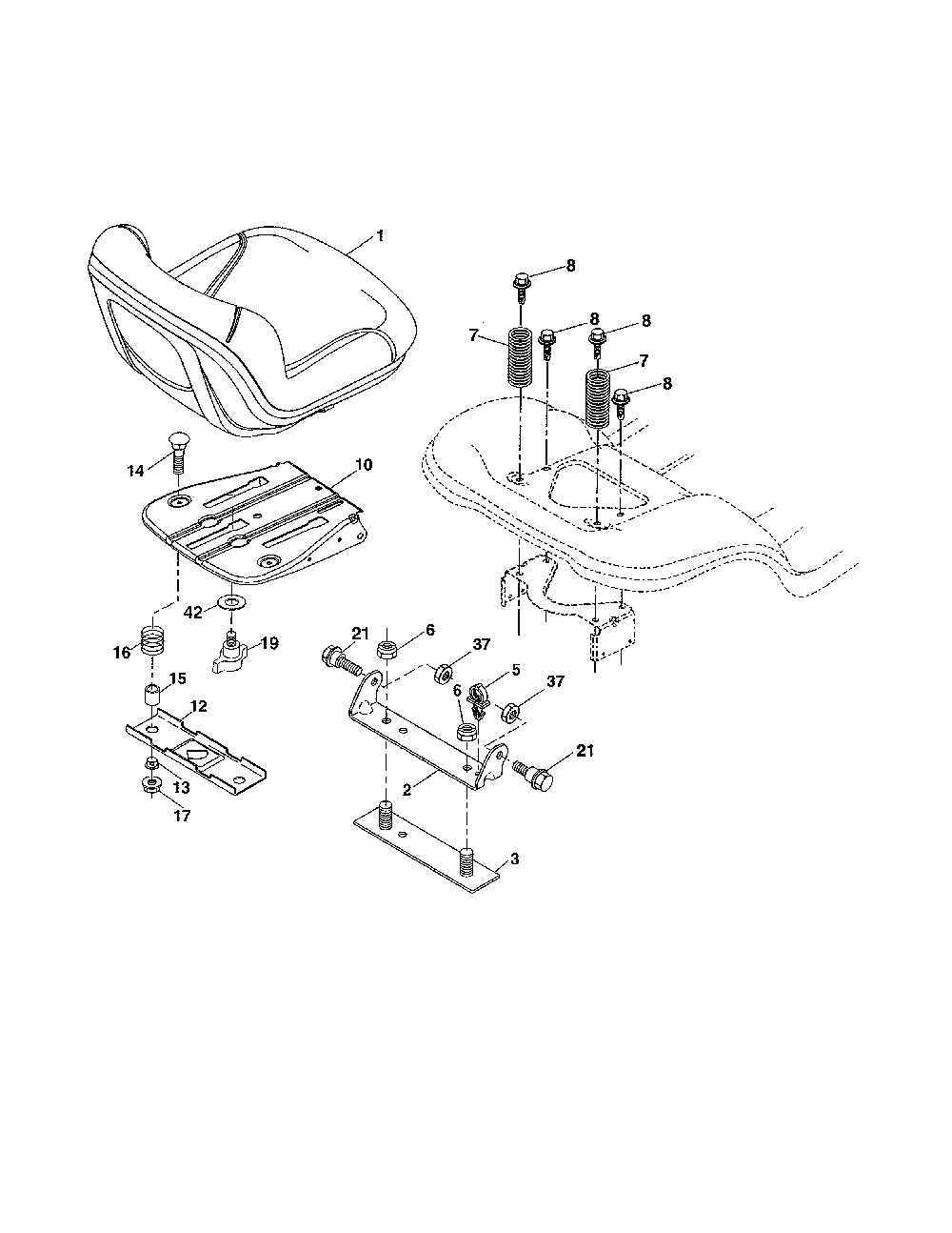 Seat Diagram and Parts List for A19K42 96046000500 Ariens Lawn Tractor
