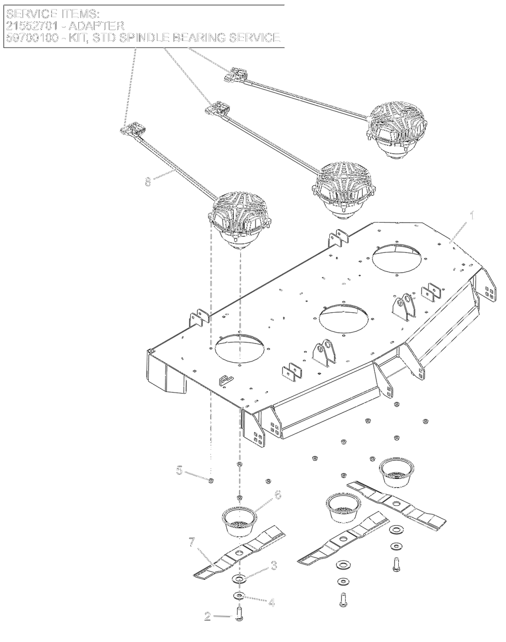 Deck, Blades And Spindle Motors - 52-Inch - Sd Diagram and Parts List for 998302 000500 - 000999 Ariens Lawn Tractor