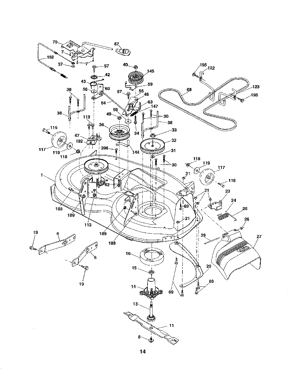 Mower Deck Diagram and Parts List for A19K42 96046000200 Ariens Lawn Tractor