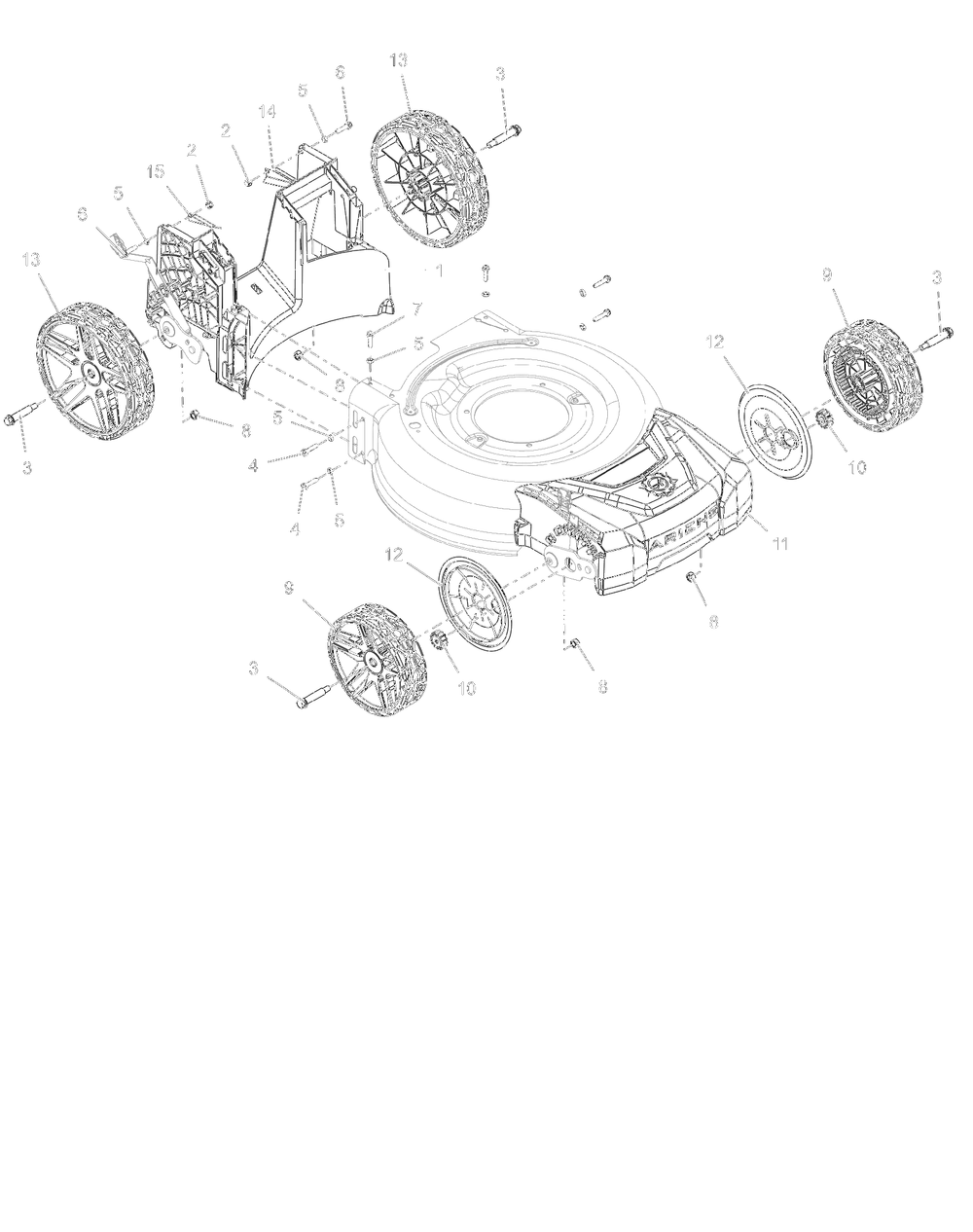 Wheels, Front Cover And Baffle Diagram and Parts List for 911608 000101 - 031999 Ariens Lawn Mower