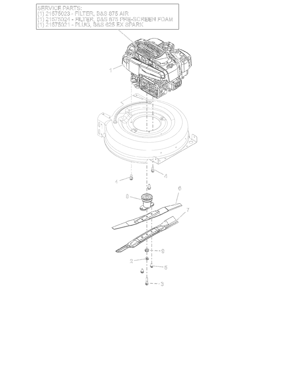 Engine And Blades Diagram and Parts List for 911614 000101 - 007499 Ariens Lawn Mower