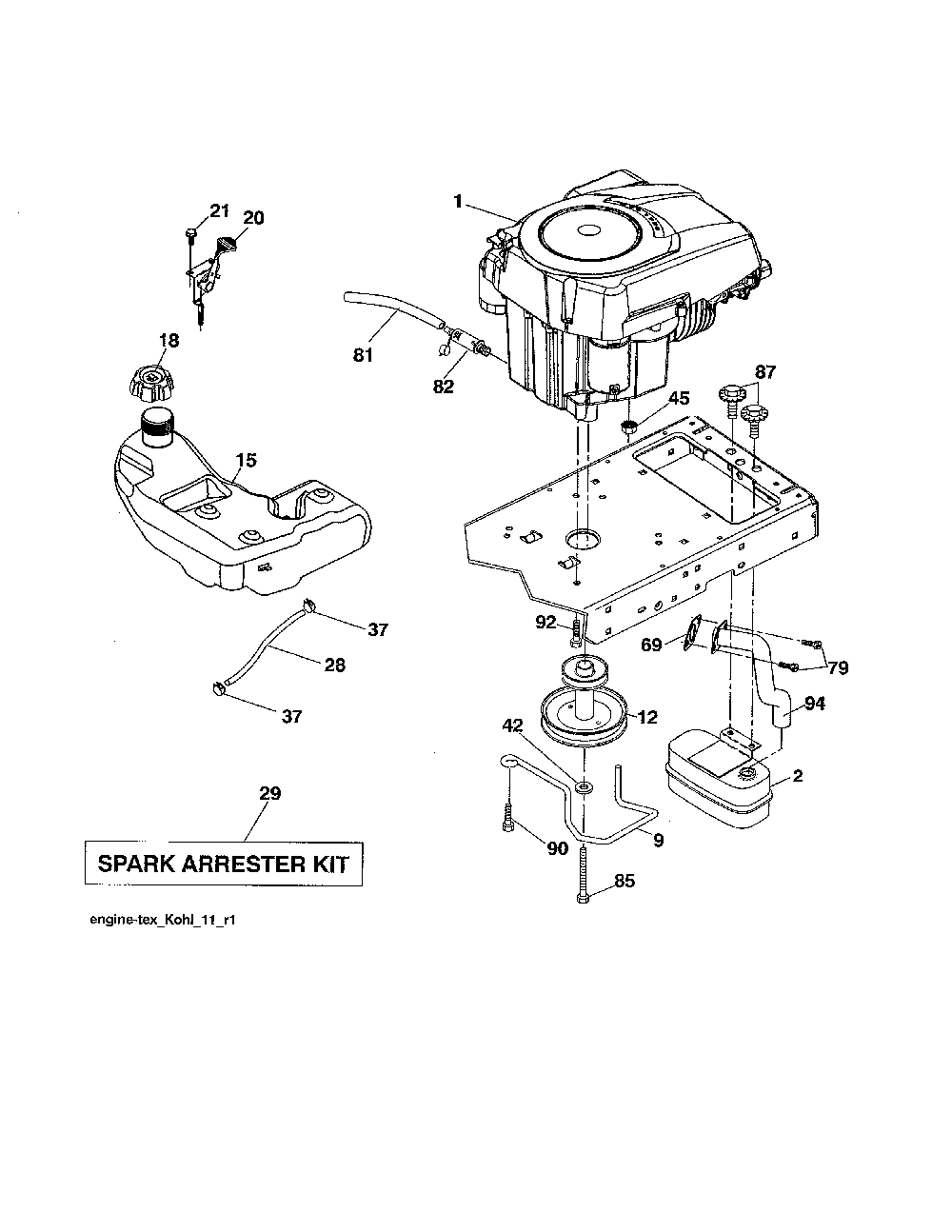 Engine Diagram and Parts List for A20K46YT 96046000300 Ariens Lawn Tractor