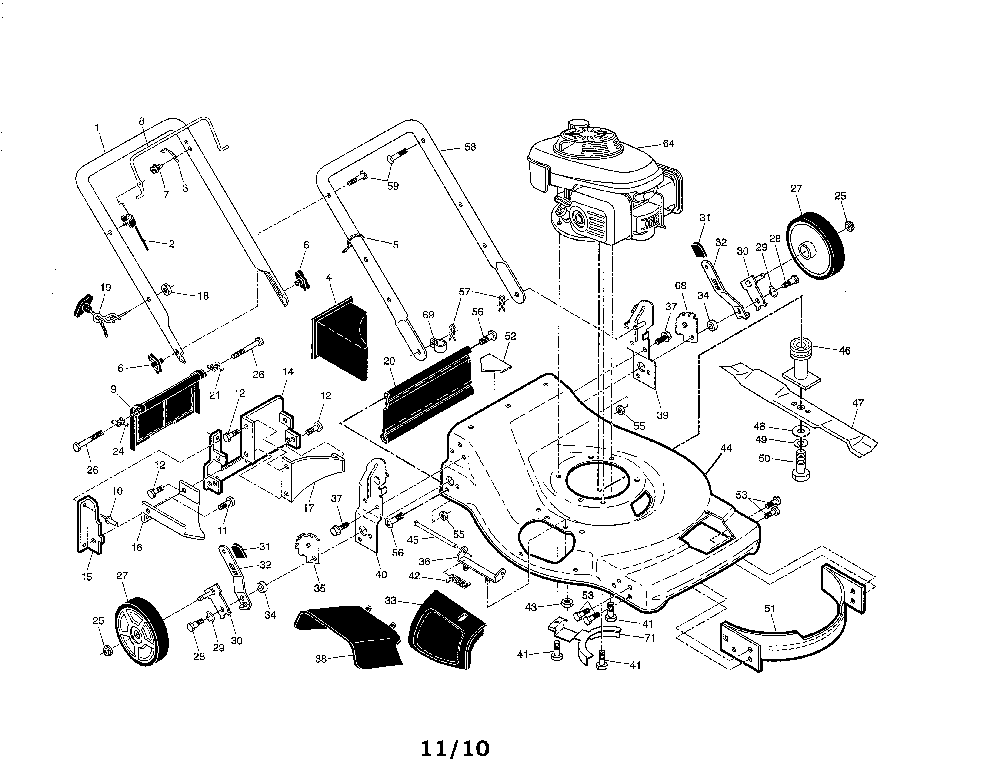 Engine/Housing/Handle Diagram and Parts List for A160H22 96146000400 Ariens Lawn Mower