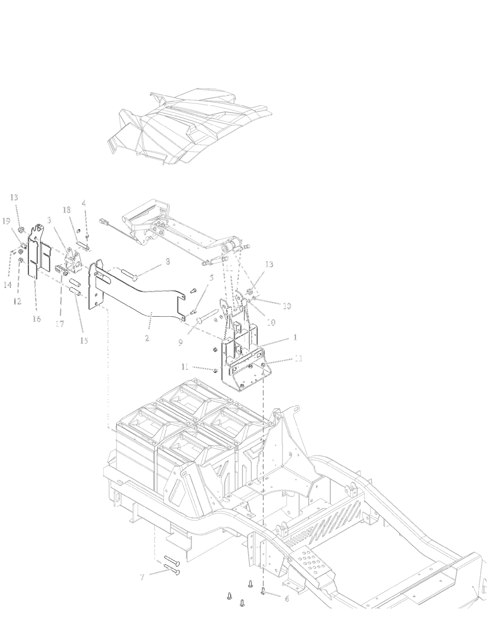 Battery Hold Down And Latch Assembly Diagram and Parts List for 997312 000101 - 001499 Ariens Lawn Tractor
