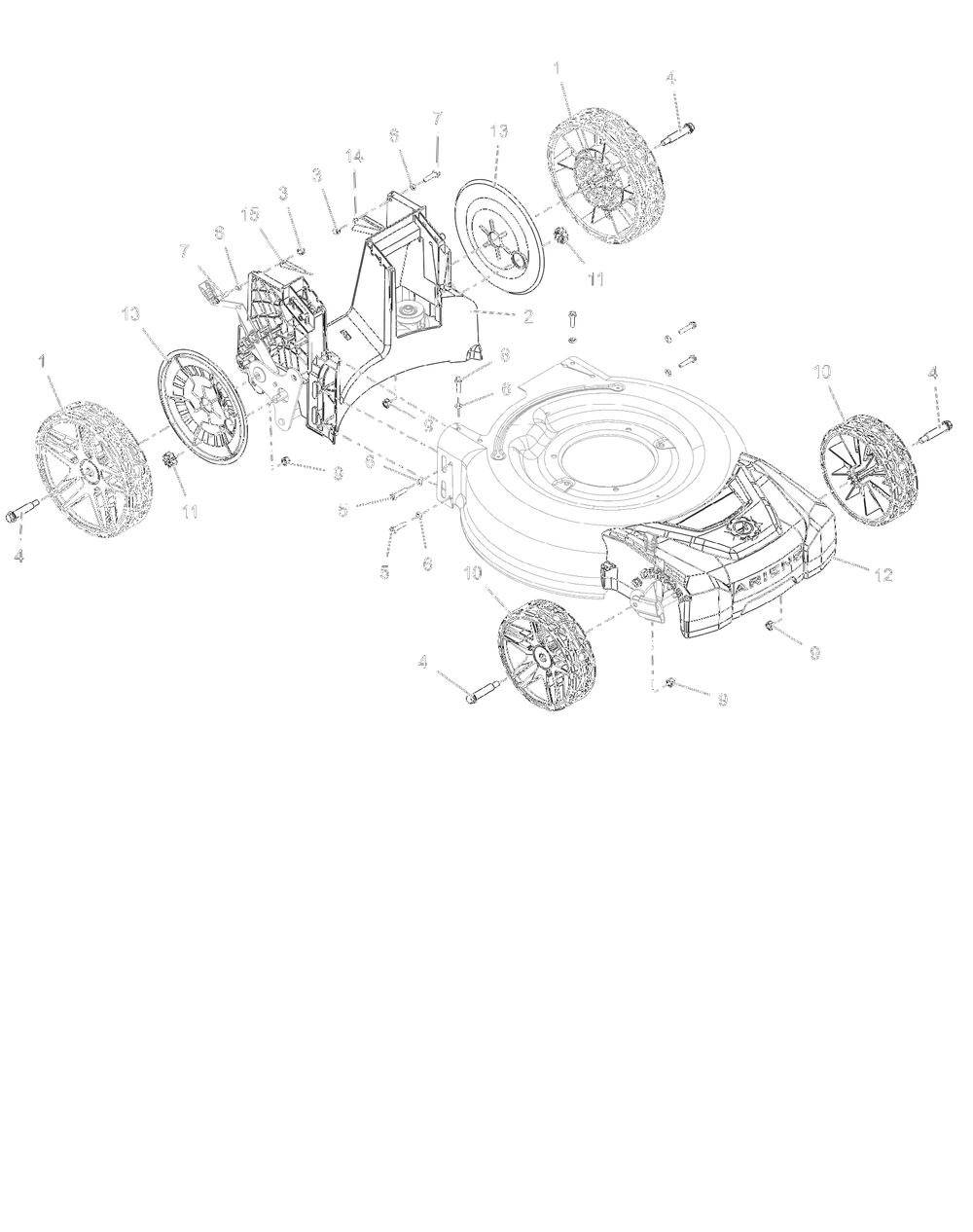 Wheels, Front Cover And Baffle Diagram and Parts List for 911609 000101 - 024999 Ariens Lawn Mower
