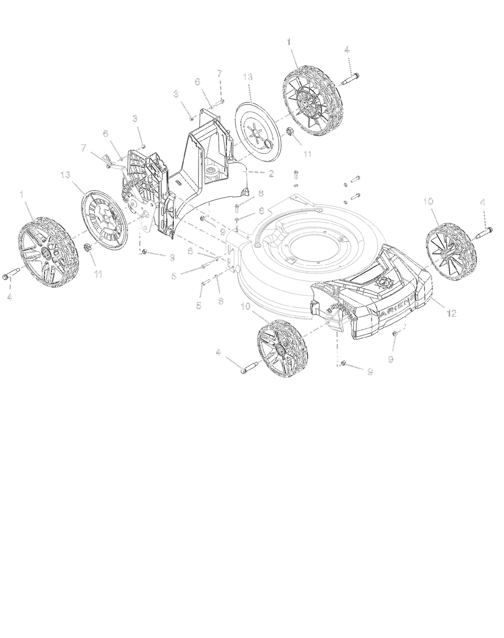 Wheels, Front Cover And Baffle Diagram and Parts List for 911614 007500 + Ariens Lawn Mower