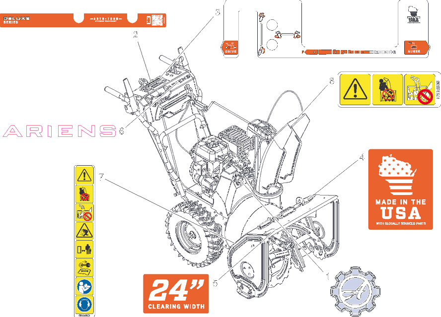 Decals - 24-Inch Diagram and Parts List for 921069  Ariens Snow Blower