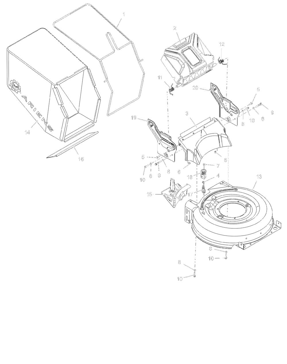 Mower Deck And Bag Diagram and Parts List for 911607 000101 - 003499 Ariens Lawn Mower