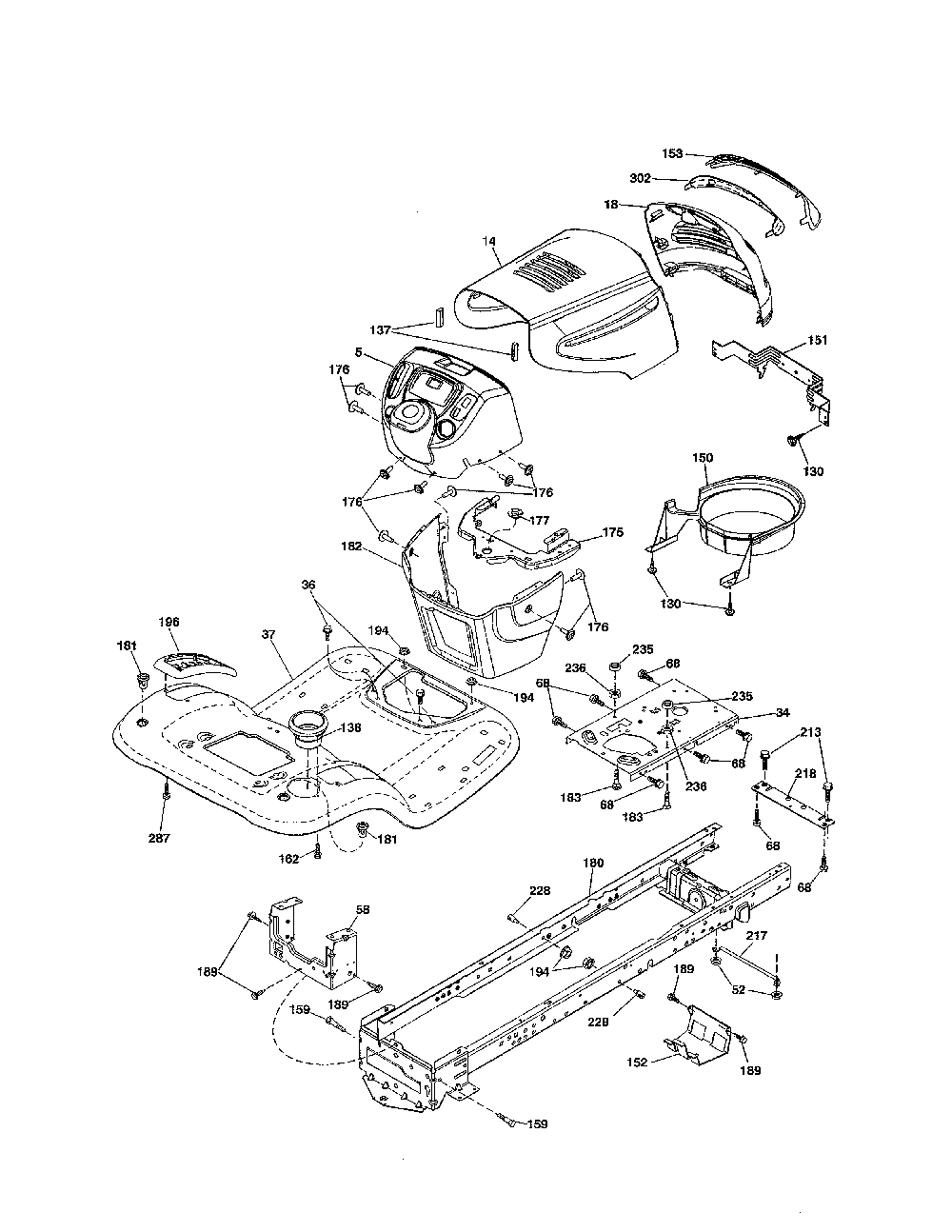 Chassis Diagram and Parts List for A19BA42 96046001001 Ariens Lawn Tractor