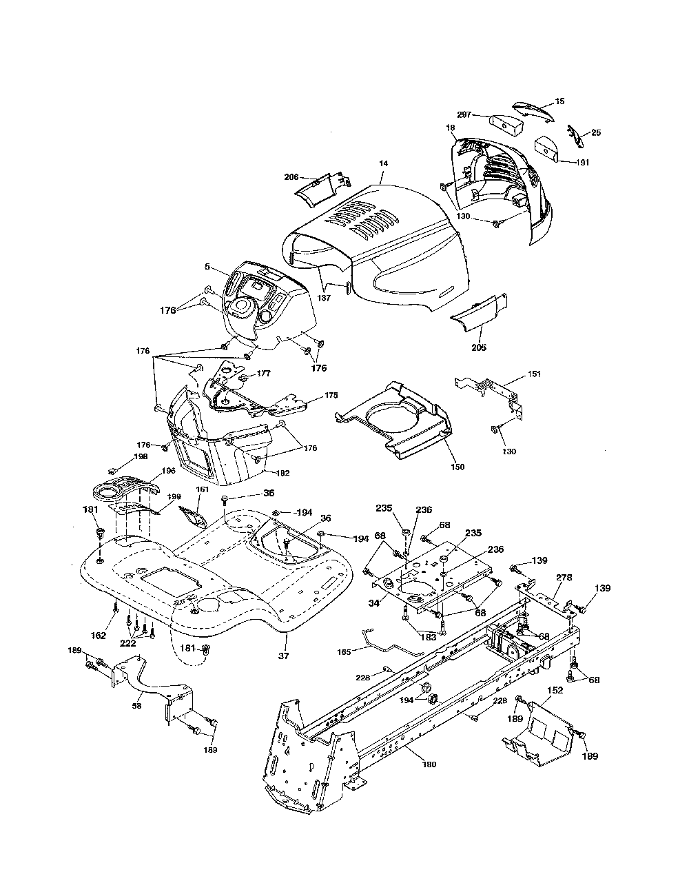 Chassis Diagram and Parts List for A25KH54 96046001800 Ariens Lawn Tractor