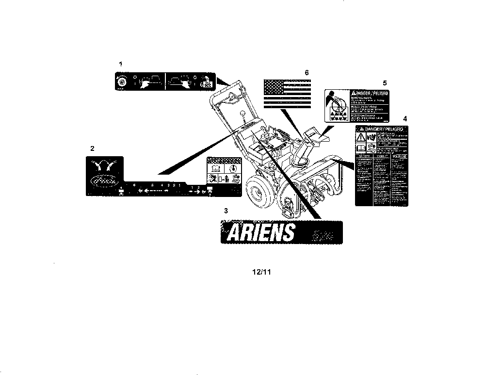 Decals Diagram and Parts List for 93250500 101-1500 Ariens Snow Blower