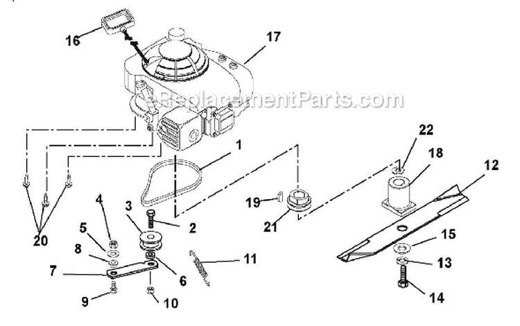 Engine, Blade & Belt Diagram and Parts List for 911086 005000 Ariens Lawn Mower