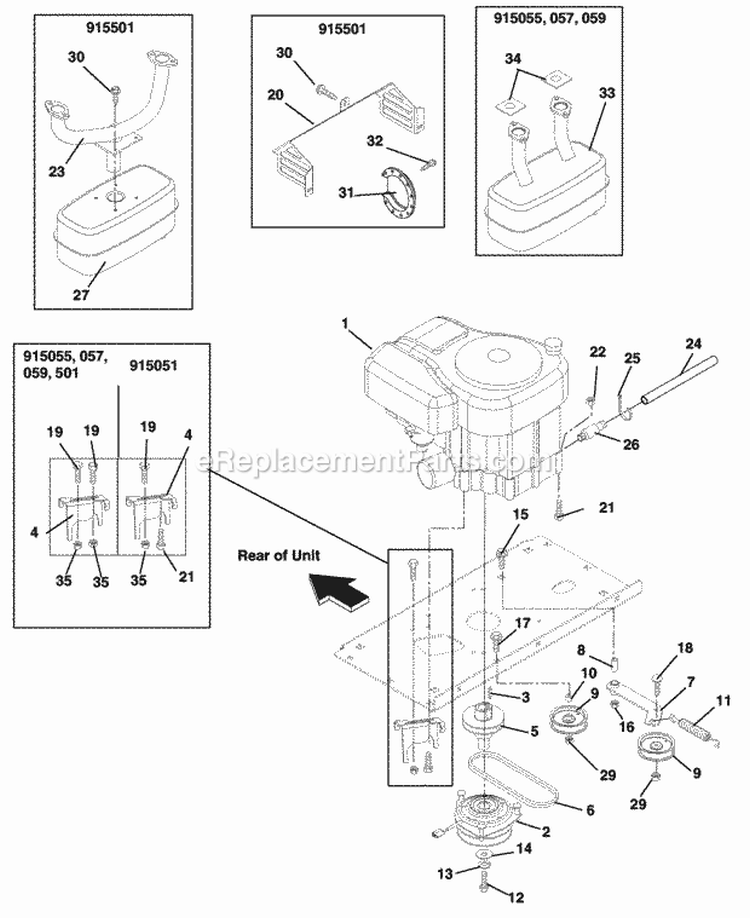 Engine_Exhaust_Belts_And_Idlers Diagram and Parts List for 915057 000101 Ariens Lawn Tractor