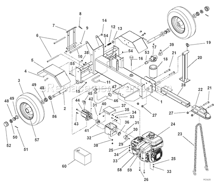 Frame, Engine And Pump Diagram and Parts List for 917001 000101 Ariens Log Splitter