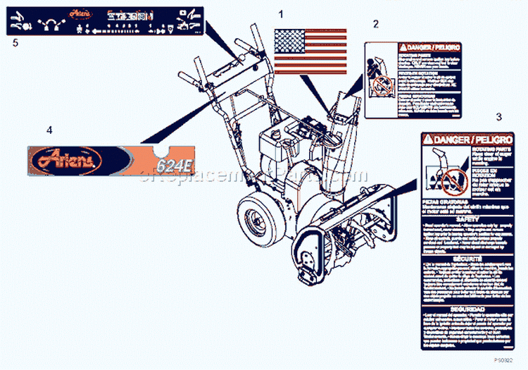 Decals Diagram and Parts List for 920001 000101 Ariens Snow Blower