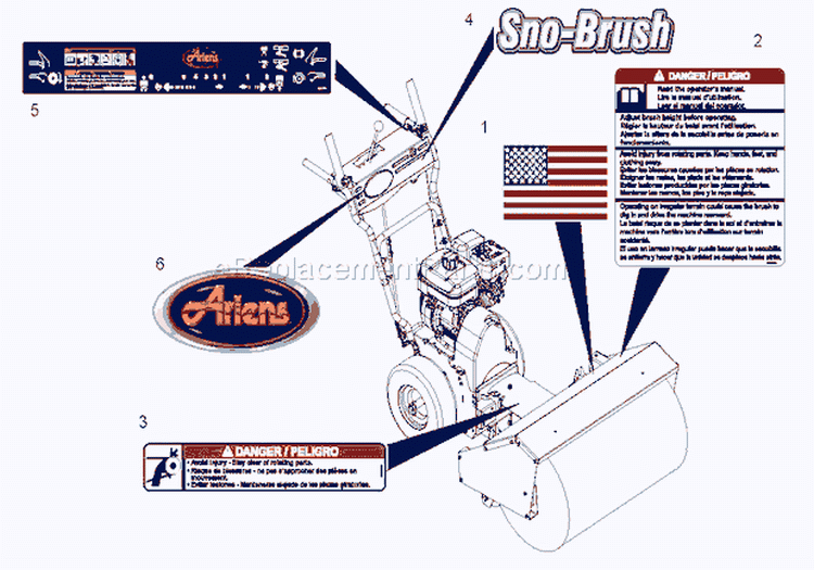 Decals Diagram and Parts List for 920008 000101 Ariens Snow Blower