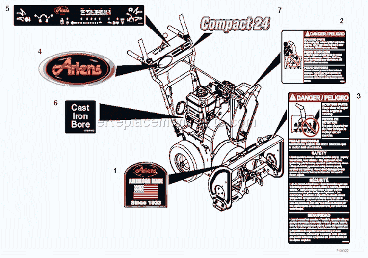 Decals Diagram and Parts List for 920010 000101 Ariens Snow Blower