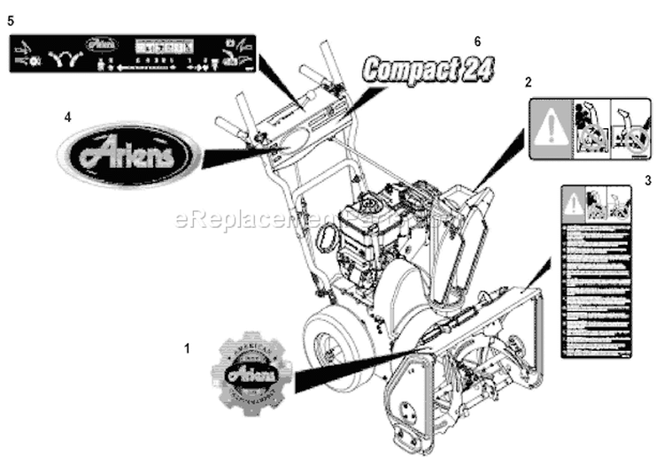 Decals Diagram and Parts List for 920016 000101 Ariens Snow Blower