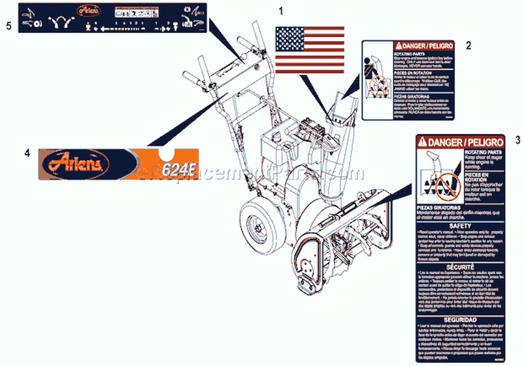 Decals Diagram and Parts List for 920301 000101 Ariens Snow Blower