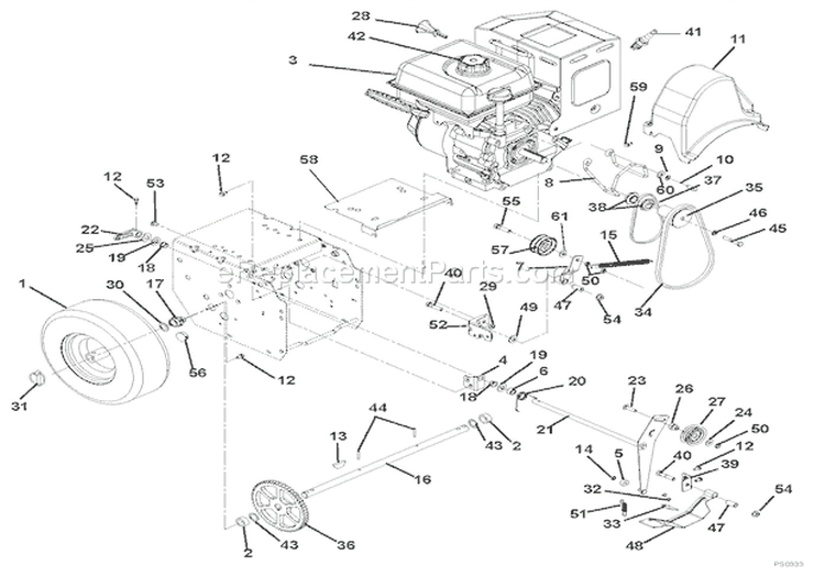 Engine And Belt Drive Diagram and Parts List for 920309 000101 Ariens Snow Blower