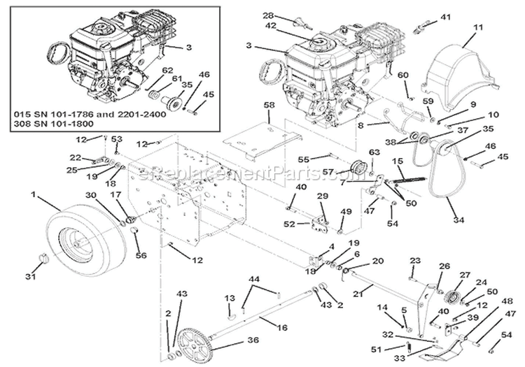 Engine And Belt Drive Diagram and Parts List for 920303 000101 Ariens Snow Blower