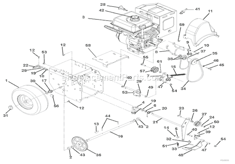 Engine And Belt Drive Diagram and Parts List for 920402 000101 Ariens Snow Blower