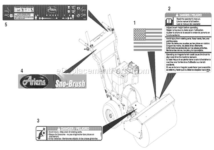 Decals Diagram and Parts List for 920500 000101 Ariens Snow Blower