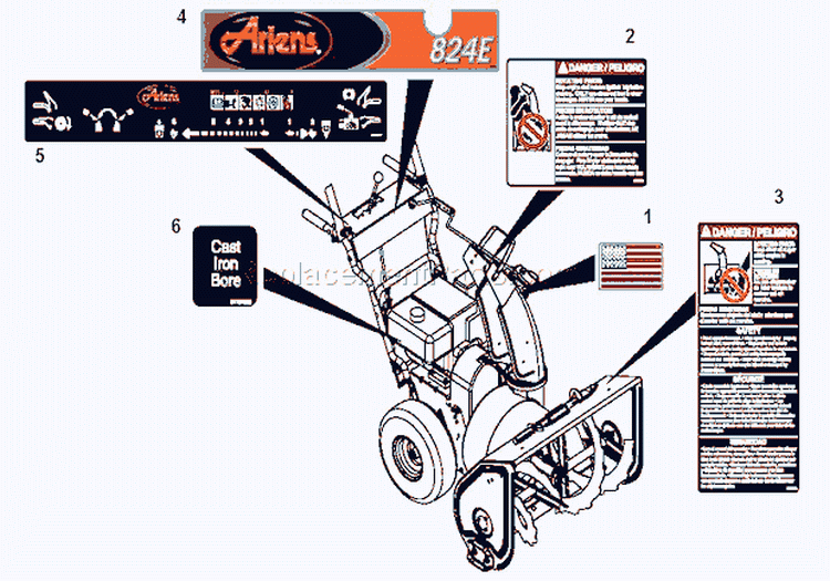 Decals E Diagram and Parts List for 921001 000101 Ariens Snow Blower