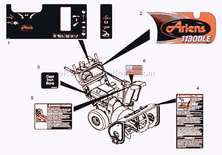 Decals Diagram and Parts List for 921003 000101 Ariens Snow Blower