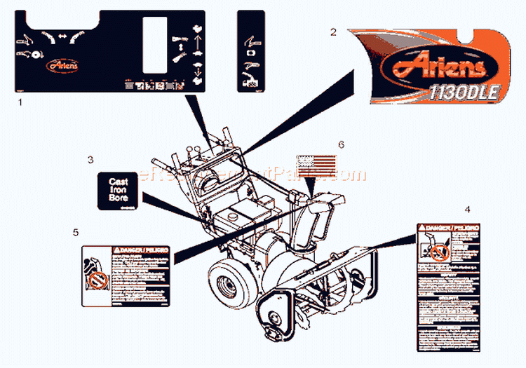 Decals Diagram and Parts List for 921002 000101 Ariens Snow Blower