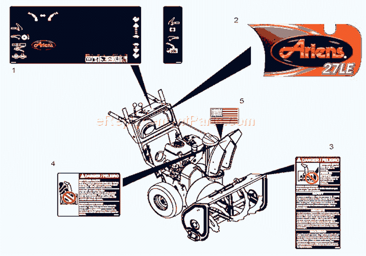 Decals Diagram and Parts List for 921010 000101 Ariens Snow Blower