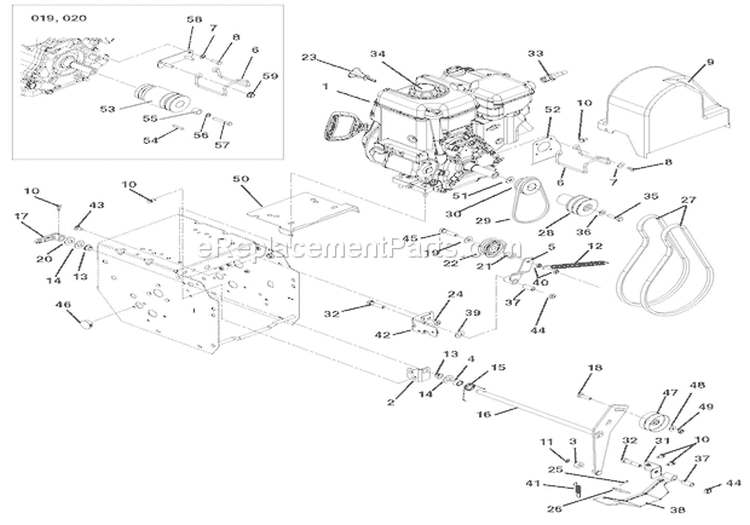 Engine And Belt Drive Diagram and Parts List for 921014 000101 Ariens Snow Blower