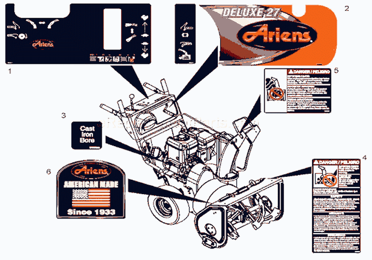 Decals Diagram and Parts List for 921018 000101 Ariens Snow Blower