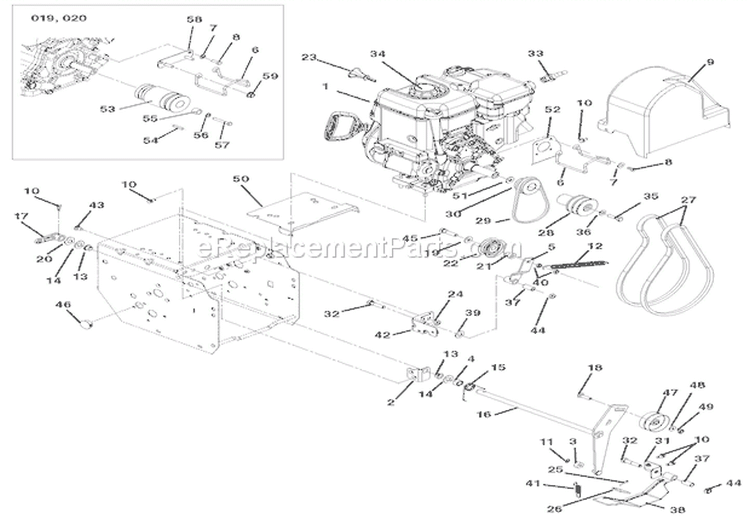 Engine And Belt Drive Diagram and Parts List for 921018 000101 Ariens Snow Blower