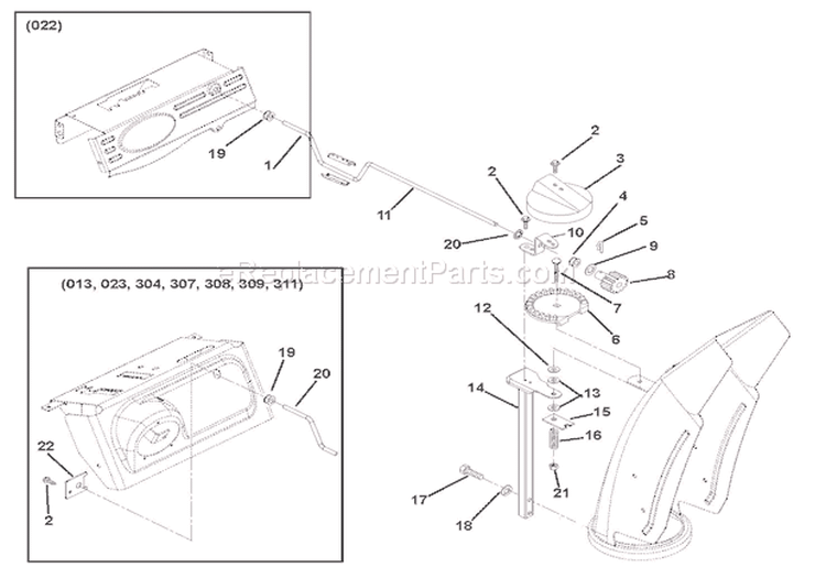 Discharge Chute Diagram and Parts List for 921307 001101 Ariens Snow Blower