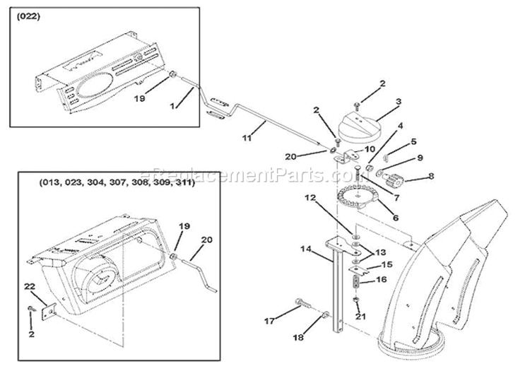 Discharge Chute Diagram and Parts List for 921308 000101 Ariens Snow Blower