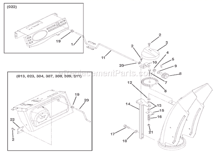 Discharge Chute Diagram and Parts List for 921309 000101 Ariens Snow Blower