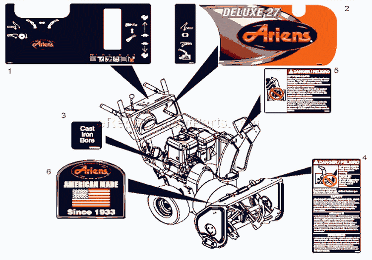 Decals Diagram and Parts List for 921312 000101 Ariens Snow Blower