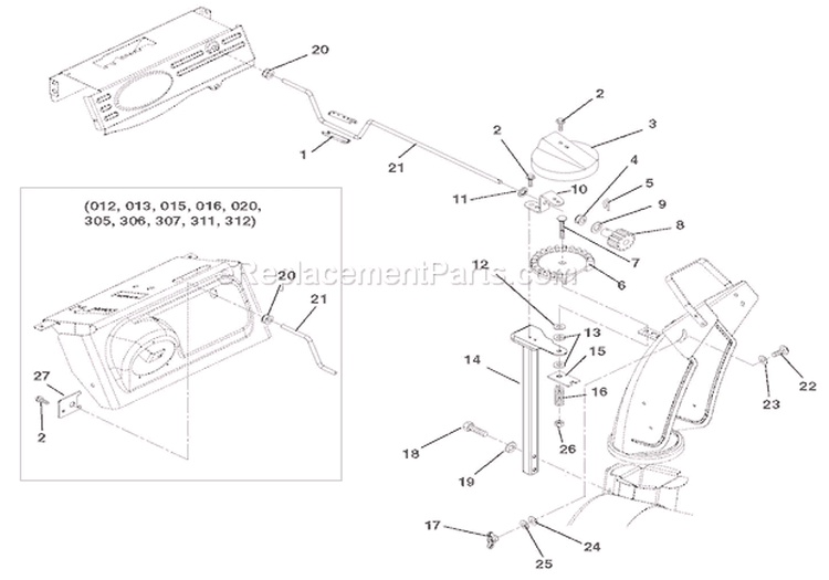 Discharge Chute Diagram and Parts List for 921312 000101 Ariens Snow Blower