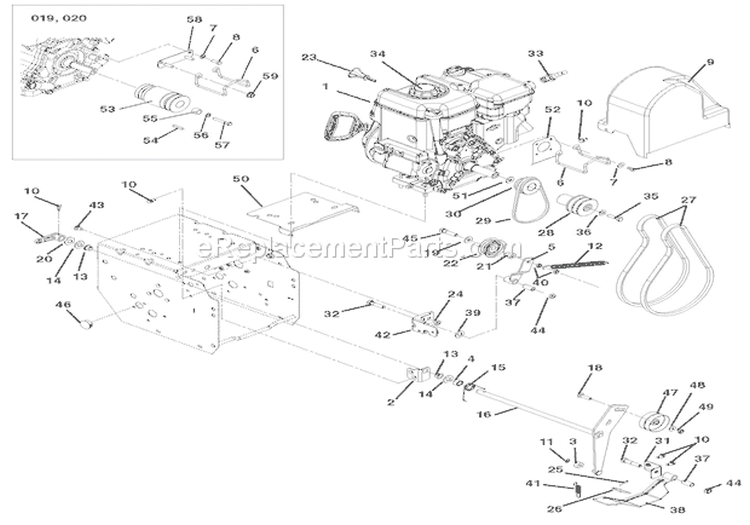 Engine And Belt Drive Diagram and Parts List for 921312 000101 Ariens Snow Blower
