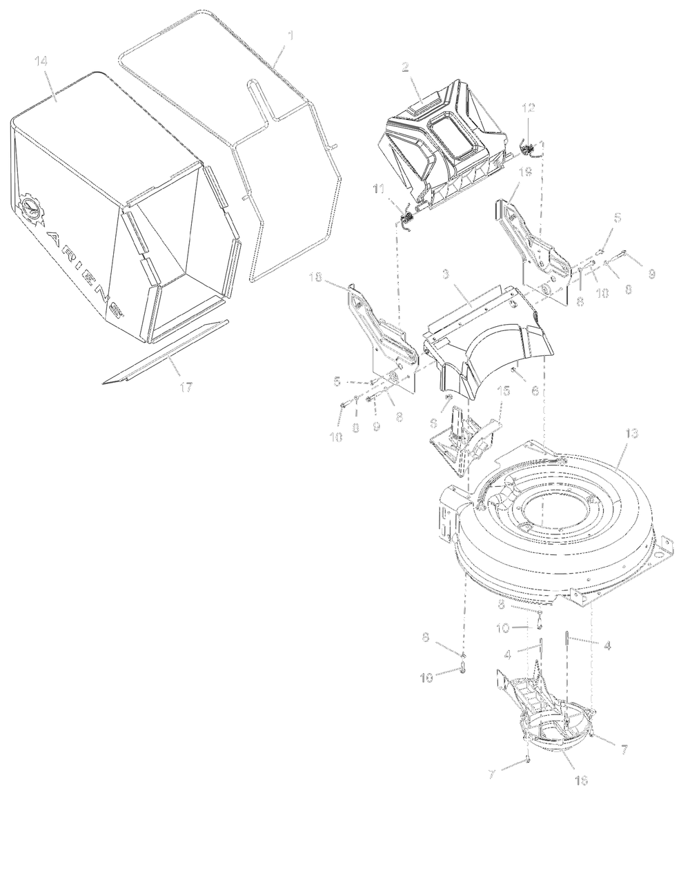 Mower Deck And Bag Diagram and Parts List for 911609 025000 + Ariens Lawn Mower
