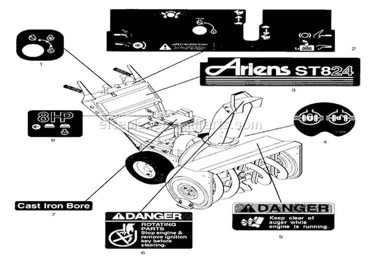 Decals Diagram and Parts List for 924082 039200 Ariens Snow Blower
